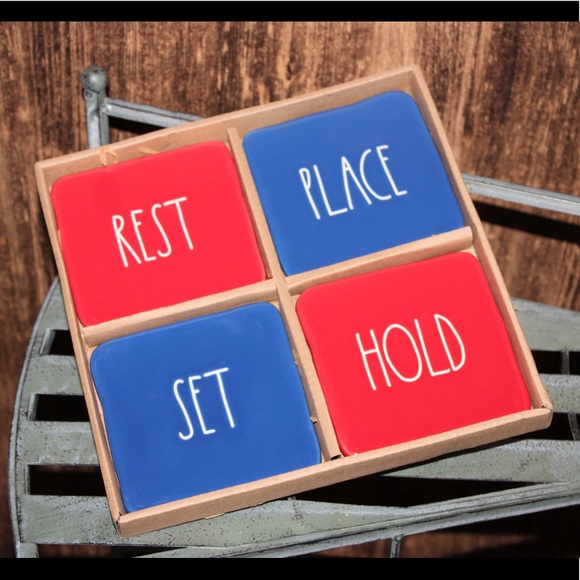 RAE DUNN REST/SET/HOLD/PLACE red/blue ceramic coaster set NIB - Picture 15 of 15